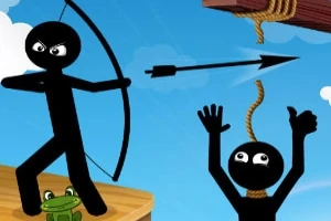 En tecknad figur skjuter en pil för att befria en annan hängande figur genom att träffa repet, mot en blå himmel