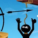 En tecknad figur skjuter en pil för att befria en annan hängande figur genom att träffa repet, mot en blå himmel