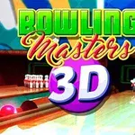 Texten Bowling Masters 3D i färgglada bokstäver framför en bowlingbana med käglor och klot