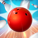 En röd bowlingklot träffar vita bowlingkäglor mot en blå bakgrund