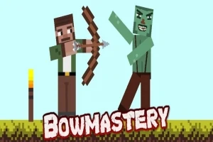 En pixelgrafik där en man skjuter en pilbåge mot en grön zombie, med texten Bowmastery nedanför