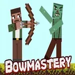 En pixelgrafik där en man skjuter en pilbåge mot en grön zombie, med texten Bowmastery nedanför