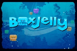 Texten Box Jelly i blått med olika färgglada manetliknande figurer mot en marin bakgrund
