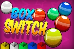 Färgglada bollar och block samt texten BOX SWITCH mot en lila bakgrund
