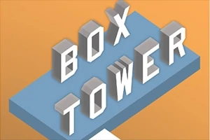 BOX TOWER i stora vita bokstäver på en blå plattform mot en orange bakgrund