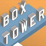 BOX TOWER i stora vita bokstäver på en blå plattform mot en orange bakgrund