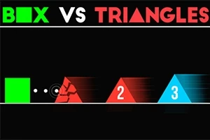 Grön fyrkant och färgglada trianglar på svart bakgrund med texten BOX VS TRIANGLES upptill