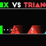 Grön fyrkant och färgglada trianglar på svart bakgrund med texten BOX VS TRIANGLES upptill