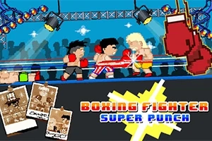Två animerade boxare i en pixelkonstig stil slåss i en boxningsring omgiven av ljus och publik