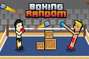 Två pixelerade boxare i en ring med trälådor mellan dem och texten Boxing Random ovanför