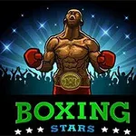 En muskulös boxare med röda handskar och ett mästarbälte står triumferande med publiken i bakgrunden och texten Boxing Stars nedanför