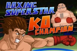 En tecknad boxare med brunt hår och röda handskar slår mot en tjock motståndare i ringen, med texten Boxing Superstar KO Champion i bakgrunden