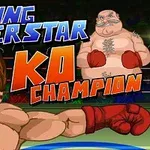 En tecknad boxare med brunt hår och röda handskar slår mot en tjock motståndare i ringen, med texten Boxing Superstar KO Champion i bakgrunden
