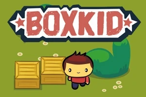 En tecknad figur med rött hår och röd tröja står bredvid två träboxar framför en grön buske, med texten BOXKID ovanför