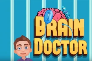 Tecknad hjärna med medicinsk utrustning och texten Brain Doctor framför blå bakgrund med en tecknad person