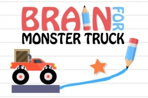 Ett rött monstertruckleksak står på en blå linje ritad av en penna, med texten Brain for Monster Truck ovanför och en orange stjärna bredvid