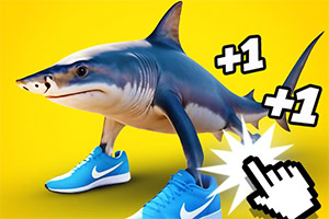 Hajhuvud på en människokropp med Nike-skor, gul bakgrund, och tecknade symboler för +1 och en marktangent