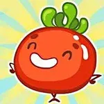 Tecknad, leende tomatfigur med gröna blad mot en bakgrund av stjärnor och ljusa strålar