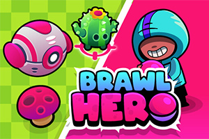 En färgglad tecknad bild med en karaktär i en blå huva som håller en boll, en robot, en grön kaktus med en blomma och en svamp, med texten Brawl Hero i mitten