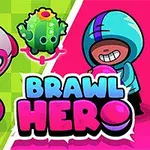 En färgglad tecknad bild med en karaktär i en blå huva som håller en boll, en robot, en grön kaktus med en blomma och en svamp, med texten Brawl Hero i mitten