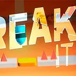 Texten BREAK IT i stora vita bokstäver mot en orange bakgrund med geometriska former