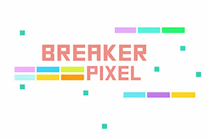 Pixelartad logotyp med texten BREAKER PIXEL i rosa på vit bakgrund, omgiven av färgglada rektangulära block och små pixlar