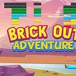 Färgglada block och texten Brick Out Adventure i ett tecknat landskap med berg och en flod i bakgrunden