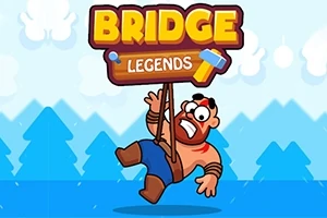 Tecknad figur med röd tröja och blå byxor hänger från en skylt med texten Bridge Legends mot en bakgrund av blå träd och moln