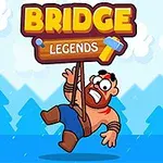 Tecknad figur med röd tröja och blå byxor hänger från en skylt med texten Bridge Legends mot en bakgrund av blå träd och moln