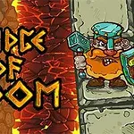 Tecknad dvärg med yxa och sköld står på en stenbro bredvid texten Bridge of Doom över en bakgrund av lava och stenar