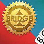 Guldmedaljong med texten BRIDGE och kort i olika färger och valörer mot en röd och grön bakgrund