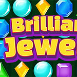 Färgglada juveler i olika former omger texten Brilliant Jewels i gula och lila bokstäver