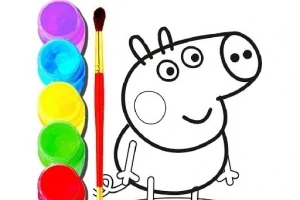 Färgläggningsbild av en tecknad gris bredvid burkar med olika färger och en pensel