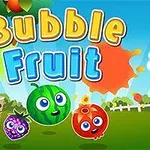 Tecknade frukter med ansikten och texten Bubble Fruit mot en färgglad landskapsbakgrund