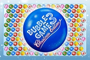 En blå cirkel med texten Bubble Game 3 Christmas Edition omgiven av färgglada bubblor på en ljus bakgrund