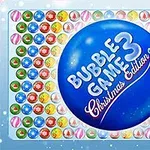 En blå cirkel med texten Bubble Game 3 Christmas Edition omgiven av färgglada bubblor på en ljus bakgrund