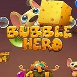 Tecknad mus som håller en stor ostbit ovanför texten Bubble Hero med blå bubblor runt omkring