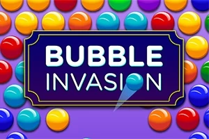 Färgglada bubblor ordnade i rader mot en lila bakgrund med en skylt i mitten som visar texten Bubble Invasion