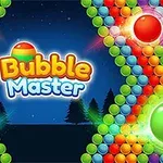 Färgglada bubblor i olika storlekar arrangerade i mönster med texten Bubble Master i mitten och en natthimmel med träd i bakgrunden