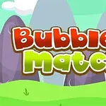 Tecknad bakgrund med gröna kullar och berg samt texten Bubble Match 3 i rött och grönt