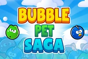 Texten Bubble Pet Saga med tecknade bubblor och djuransikten mot en blå bakgrund med moln