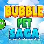 Texten Bubble Pet Saga med tecknade bubblor och djuransikten mot en blå bakgrund med moln