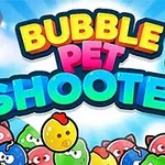 Färgglada tecknade bubblor med djuransikten och texten Bubble Pet Shooter i mitten