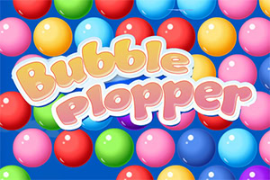 Färgglada bollar med texten Bubble Plopper mot en blå bakgrund