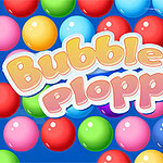 Färgglada bollar med texten Bubble Plopper mot en blå bakgrund