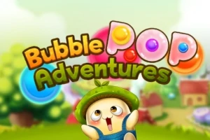 Tecknad figur med stor öppen mun och grönt hatt bredvid färgglada bubblor och texten Bubble Pop Adventures mot en suddig bakgrund av träd och hus
