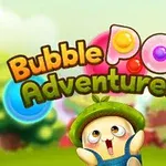 Tecknad figur med stor öppen mun och grönt hatt bredvid färgglada bubblor och texten Bubble Pop Adventures mot en suddig bakgrund av träd och hus