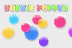 Färgglada bokstäver som stavar Bubble Popper ovanför svävande färgglada bubblor på ljus bakgrund