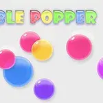 Färgglada bokstäver som stavar Bubble Popper ovanför svävande färgglada bubblor på ljus bakgrund