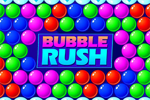 Färgglada glansiga bubblor omger en blå rektangel med texten BUBBLE RUSH